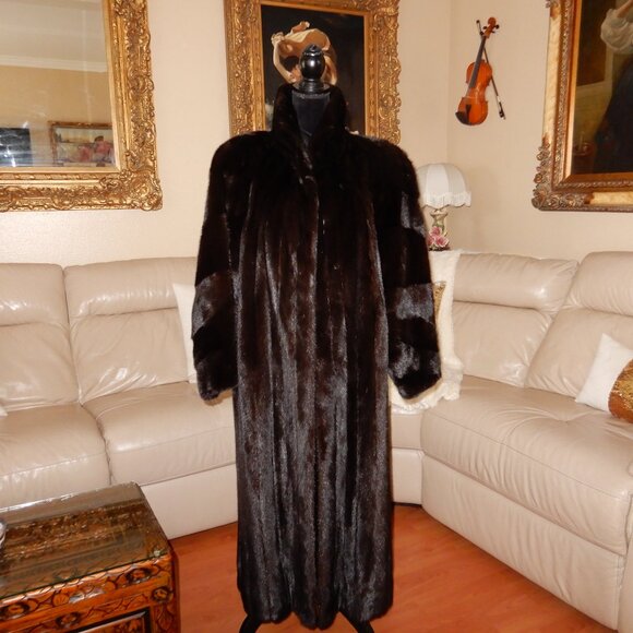 VTG.Barth Wind Genuine Dark Brown Shiny Mink Fur Coat Full Length L/XL - Picture 3 of 12